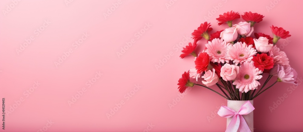 Poster a romantic valentine s day scene with a beautiful flower bouquet set against a pink background leavi