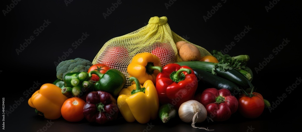 Poster A top view of a white string bag filled with various vegetables and fruits placed on a black background to create a visually striking copy space image