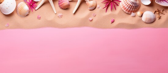 A top view corner border with a pink background displays beach accessories including flip flops sea shells and a towel evoking a summery vacation atmosphere Ample space is available for additional im