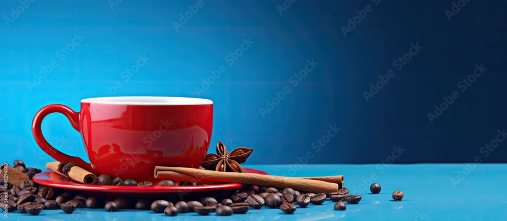 Poster a vibrant red cup of coffee adorned with coffee beans sugar cubes and star anise placed on a captiva