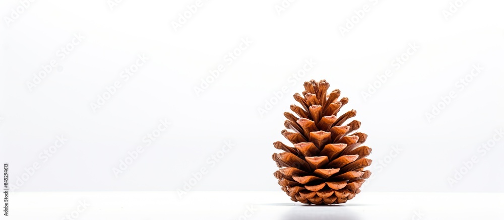 Poster a solitary brown fir cone with no other objects around set against a plain white background creating