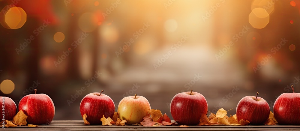 Aufkleber autumn themed apples are placed on a wooden table against a blurred background with a bokeh effect c