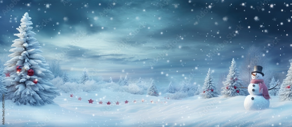 Aufkleber a snowy christmas scene decorated with a christmas tree and a snowman providing a festive holiday at