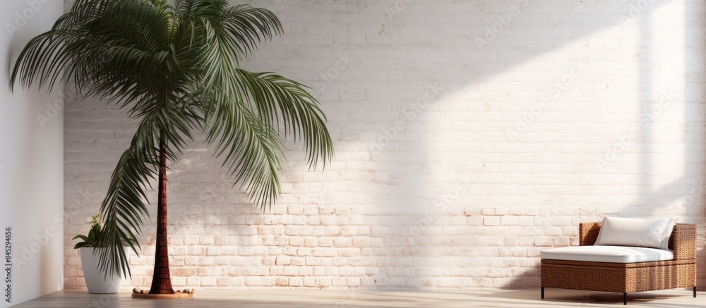 Aufkleber A palm tree is positioned alongside a folding screen and pouf creating a stylish arrangement next to a white brick wall The composition offers plenty of copy space for images