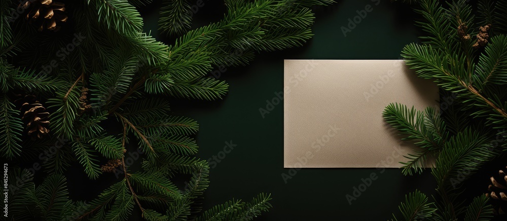 Poster A nature themed New Year concept showcasing a creative Christmas blank greeting card mock up scene with a flat lay The scene features a layout composed of Christmas tree branches and a paper card not
