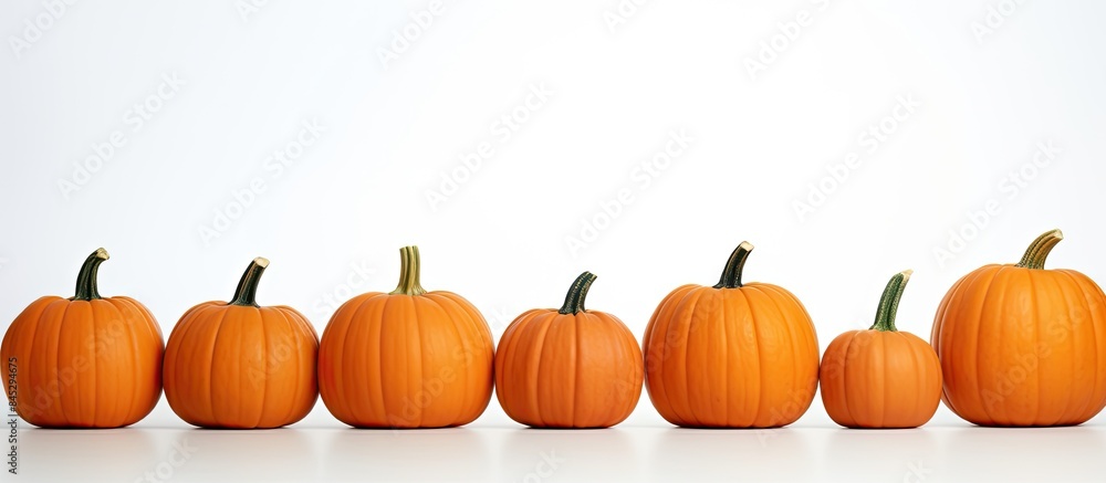 Poster Copy space image of numerous orange pumpkins arranged in a neat formation creating a frame against a crisp white backdrop Evoking the essence of autumn harvest and festivities like Halloween or Thank