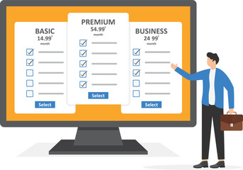 Choose your plan, landing page template. Price list set. Set of offer tariffs. Pricing table for business. Businessmen recommend premium plan. Male agent with white cards. Flat vector illustration
