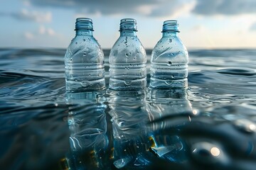 Three Plastic Bottles Floating in Ocean Water Environmental Pollution and Sustainability Concept
