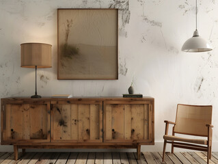 Modern living room with wooden rustic chest of drawers near wall and blank poster frame