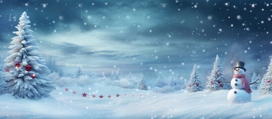 Obraz premium A snowy Christmas scene decorated with a Christmas tree and a snowman providing a festive holiday atmosphere with ample space for adding images or text