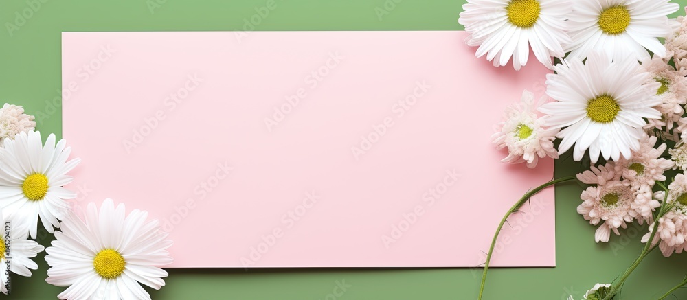 Aufkleber A stylish mock up with a top view of a greeting or invitation card surrounded by daisy flowers and a green reed plant on a pink pastel background Ample copy space is available