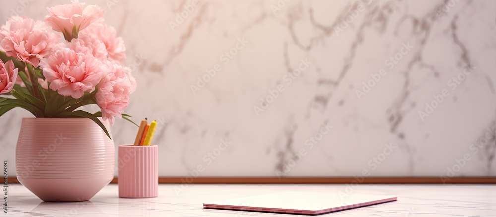 Aufkleber copy space image of a terrazzo desk adorned with a mockup office pad a delicate bouquet of pink carn