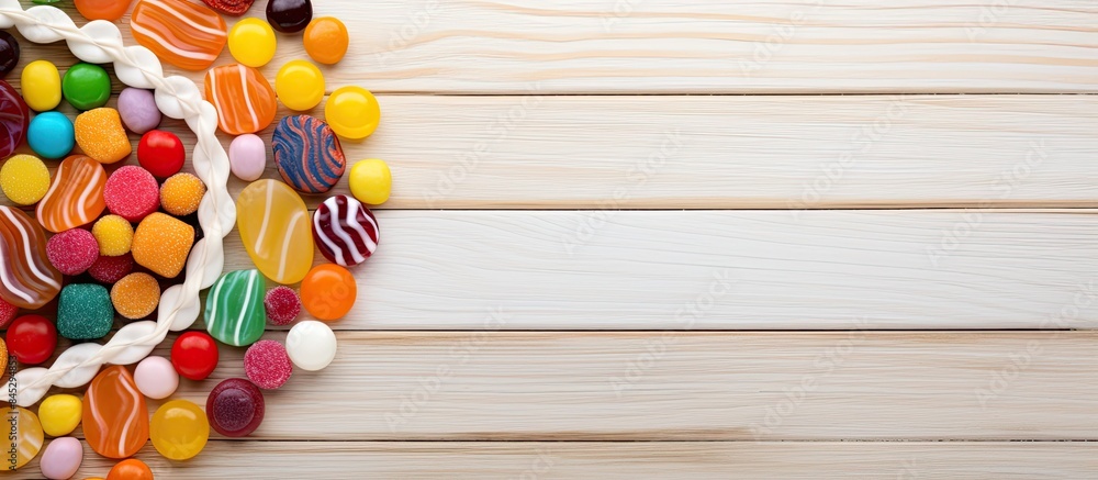Poster A circular border consisting of colorful caramel candies is displayed against a backdrop of white wood leaving room for additional content in the image