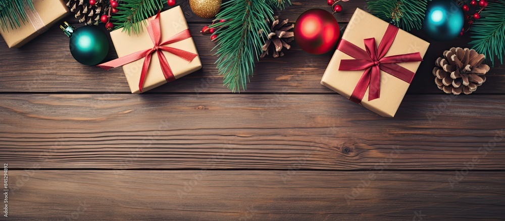 Poster a festive christmas themed image featuring colorful gift boxes spruce branches and a wooden backgrou