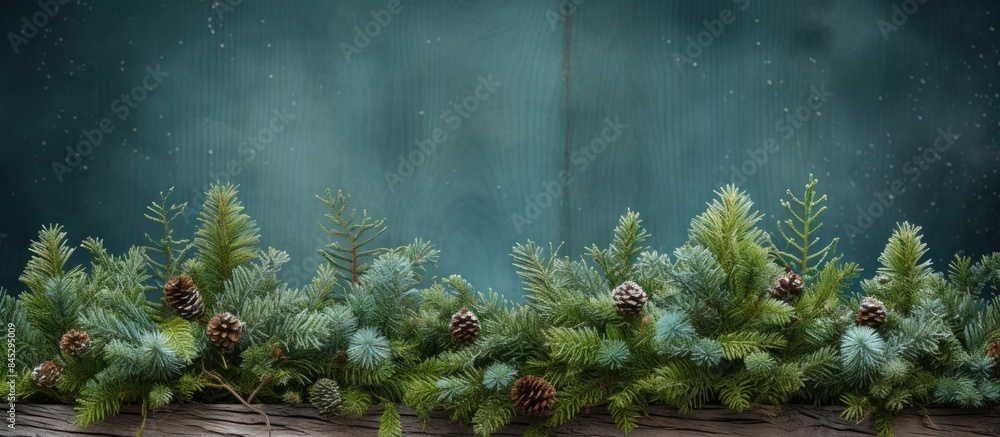 Poster a spring themed christmas backdrop with fluffy evergreen twigs where light green spruce sprigs are s