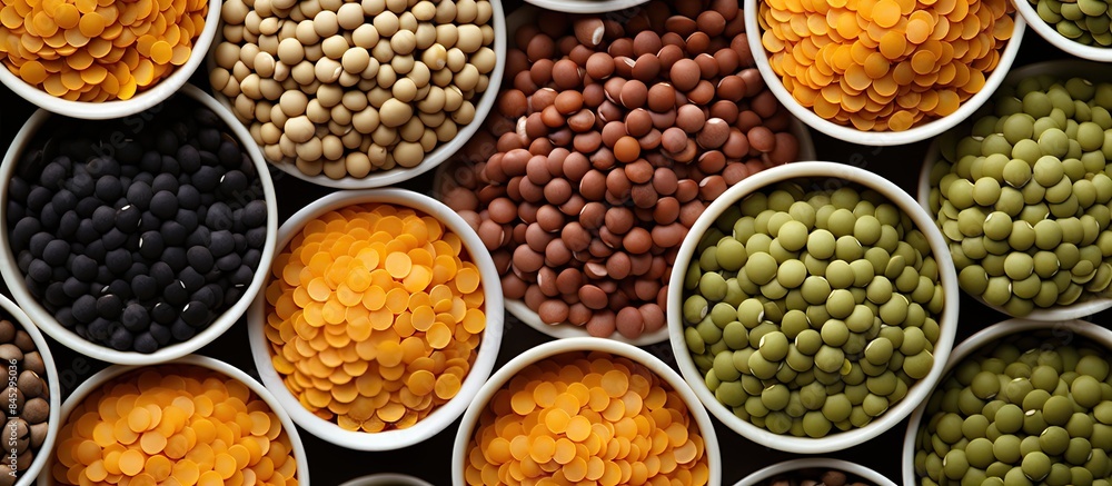 Poster a top view image showing colorful lentils including yellow brown green and orange varieties arranged
