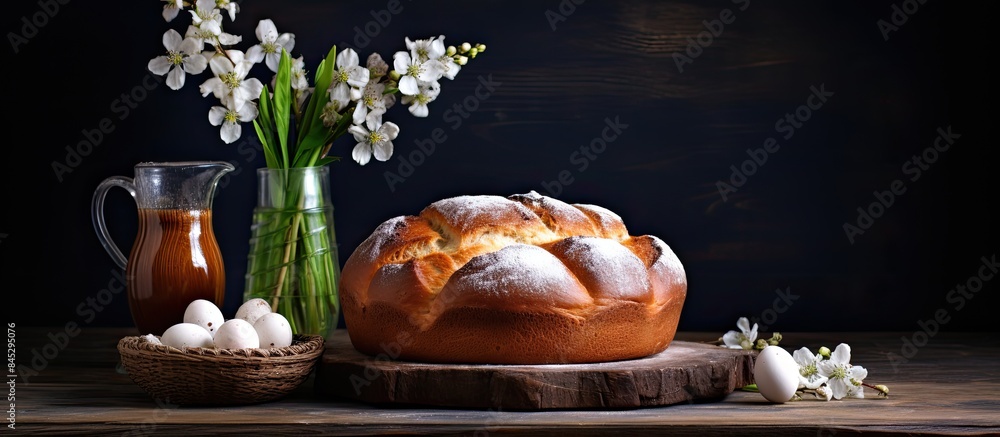 Fototapete a kraffin an easter cake is placed on a wooden table with a dark background creating a lovely displa
