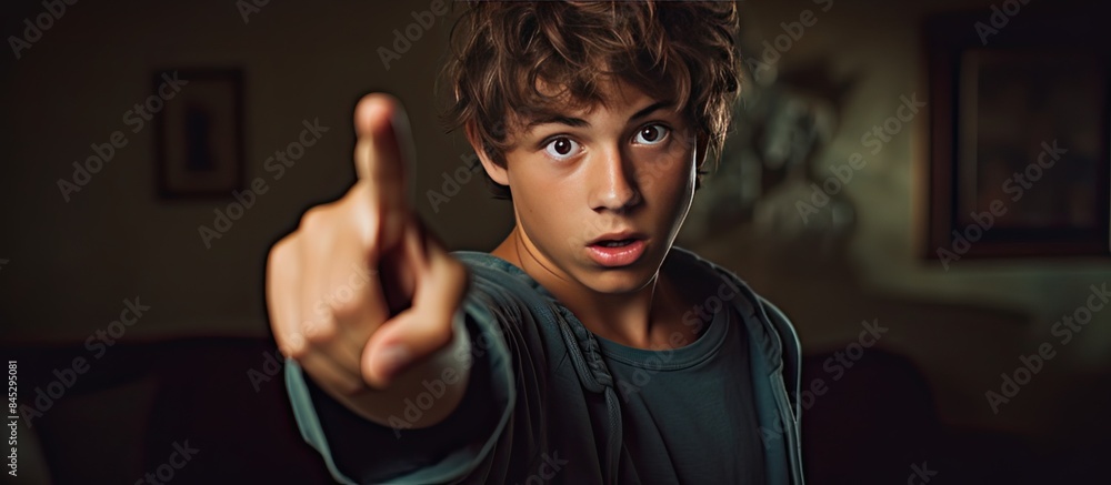 Poster a teenage boy is pointing to the side with a surprised expression in an indoor setting suggesting so