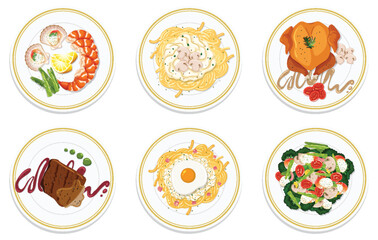 Six diverse dishes on white plates