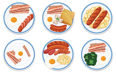 Various breakfast plates with eggs and meats