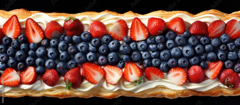 Poster Top view of a long banner format featuring a delectable puff pastry adorned with fresh strawberries and blueberries Ample copy space is available for text