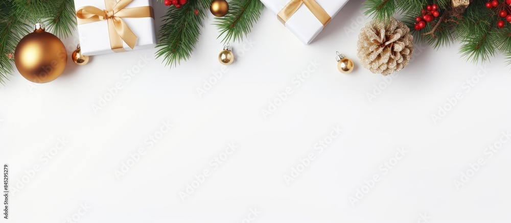 Fototapete A top view Christmas background featuring a decorated fir tree gift box and various decorations on a white backdrop with ample room for additional text or images