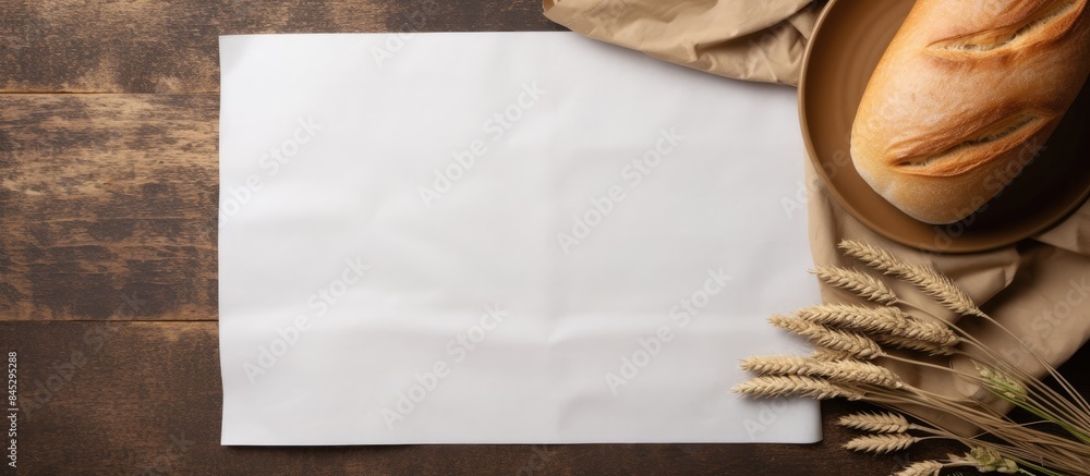 Aufkleber On a table background there is an empty top view with baking parchment A folded cloth is placed for a mockup with copy space The style is minimalistic and presented in a flat lay