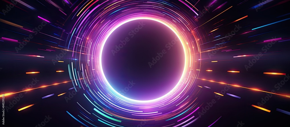 Poster a round frame with white copy space inside is surrounded by circle lines colorful led lights create 