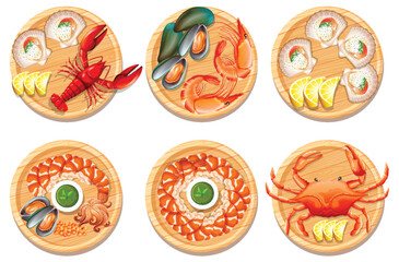 Vector illustrations of various seafood dishes