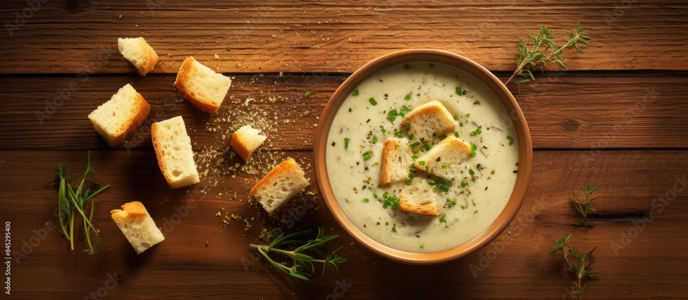 Poster a flavorful vegan vegetable cream soup with aromatic seasonings garlic and croutons presented on a r