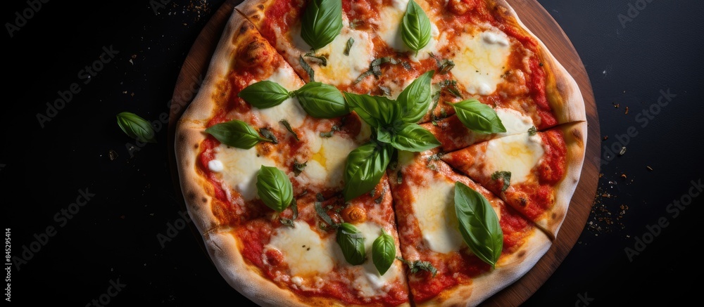 Poster top view of a mouthwatering italian margherita pizza with mozzarella cheese tomato sauce and fresh b