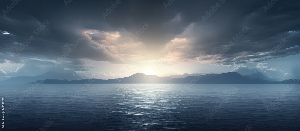 Aufkleber a stunning seascape with ominous dark clouds a radiant sun emerging from the horizon and distant shi