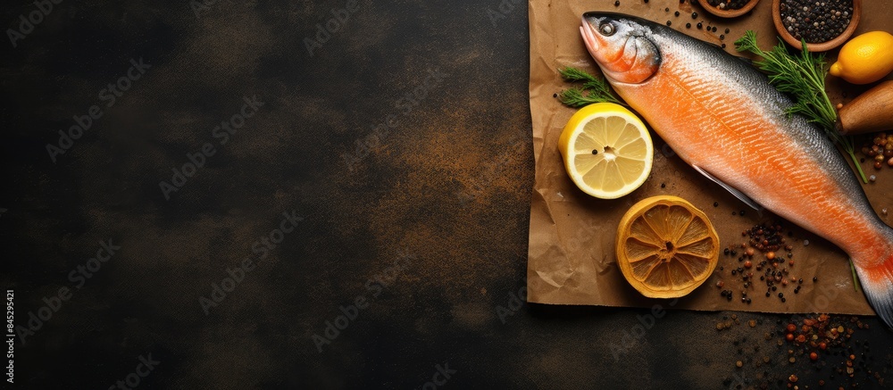 Poster a copy space image of raw fish seasoned with lemon pepper and salt is presented on a brown craft pap