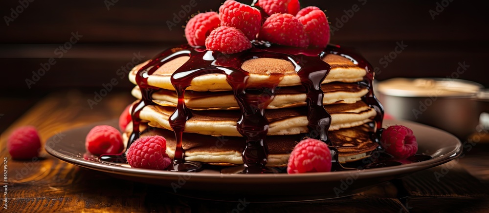 Poster copy space image of a rustic wooden table adorned with homemade pancakes topped with fresh raspberri