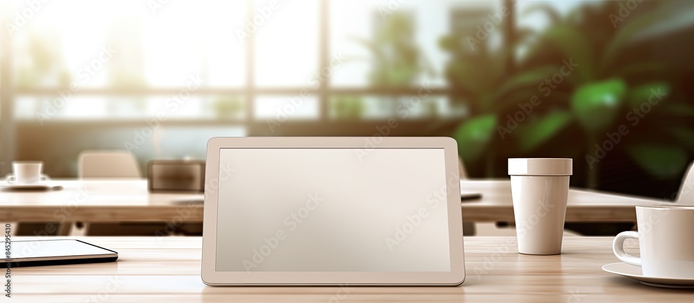 Aufkleber An empty workplace in a meeting room with a tablet on a white table There is a paper with graphics and a cup of coffee nearby The image has copy space