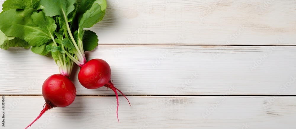 Aufkleber a single vibrant red radish with its fresh green leaves set against a white wooden background a vege