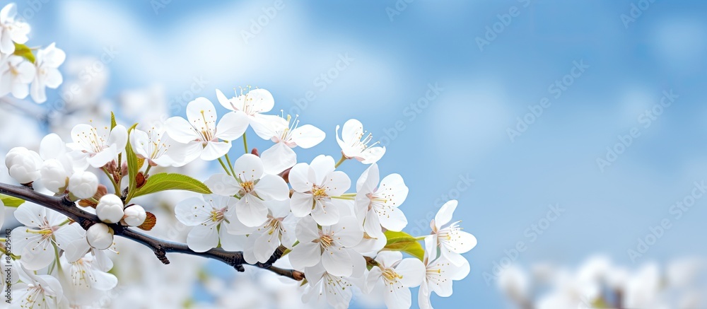 Poster spring beauty background with blooming white flowers of trees against a backdrop of the blue sky cre