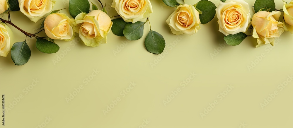 Leinwandbilder Flat lay copy space image featuring stunning yellow roses and delicate petals arranged on a light olive background creating a beautiful and inviting scene for text placement