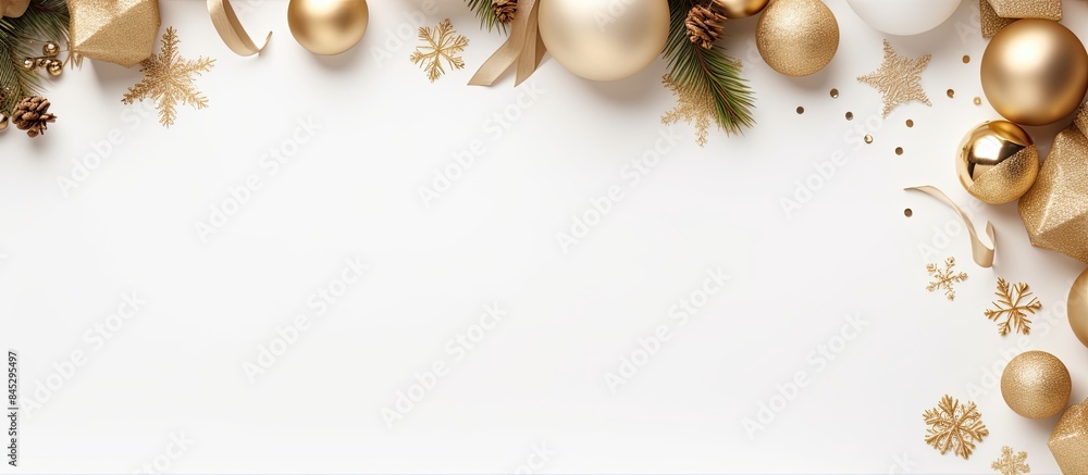 Aufkleber christmas decorations and gifts are arranged in a festive frame on a white background providing empt