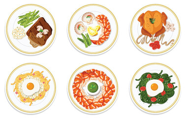 Six plates with various appetizing dishes