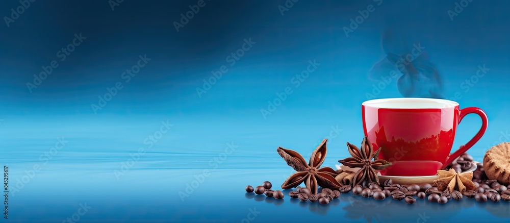 Poster a vibrant red cup of coffee adorned with coffee beans sugar cubes and star anise placed on a captiva
