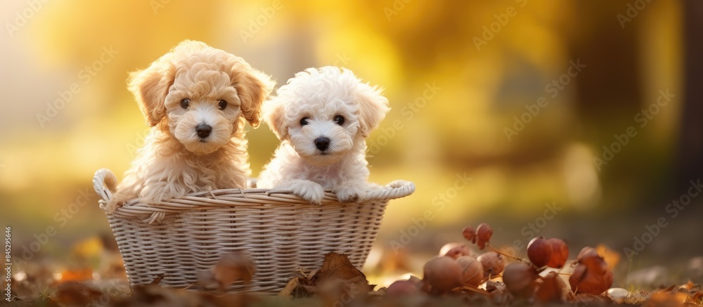 Poster adorable poodle puppy exploring the basket with a baby dog looking around in a playful and endearing