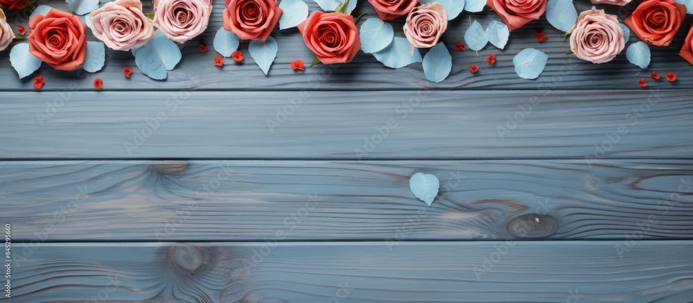 Poster the valentine s day background features a wooden blue backdrop adorned with a frame made of roses fl
