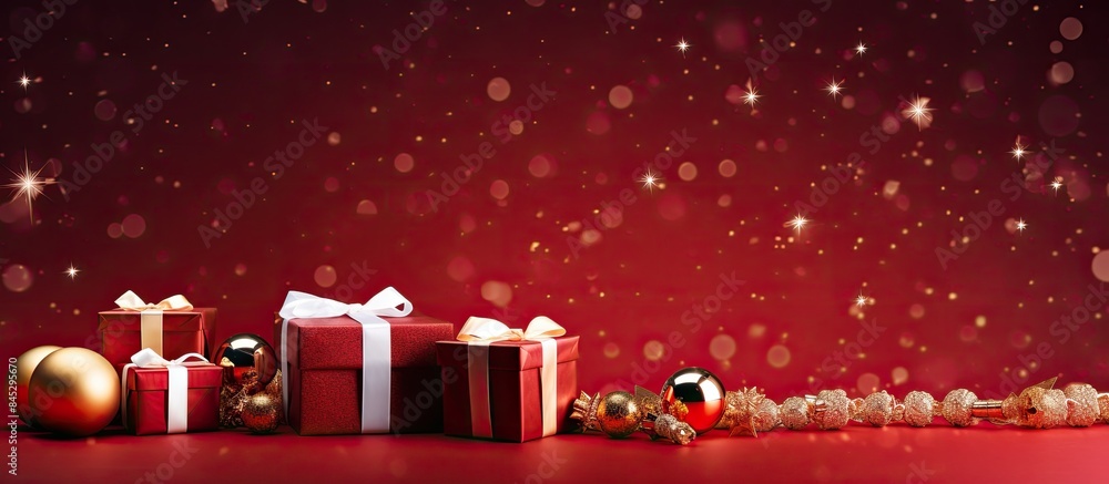Poster A festive holiday themed red background with gifts and decorations displayed The image provides ample white space for additional elements or text