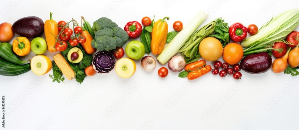 Poster Top view copy space image of a variety of fresh vegetables and fruits beautifully arranged in a frame on a crisp white background Ample space available for text