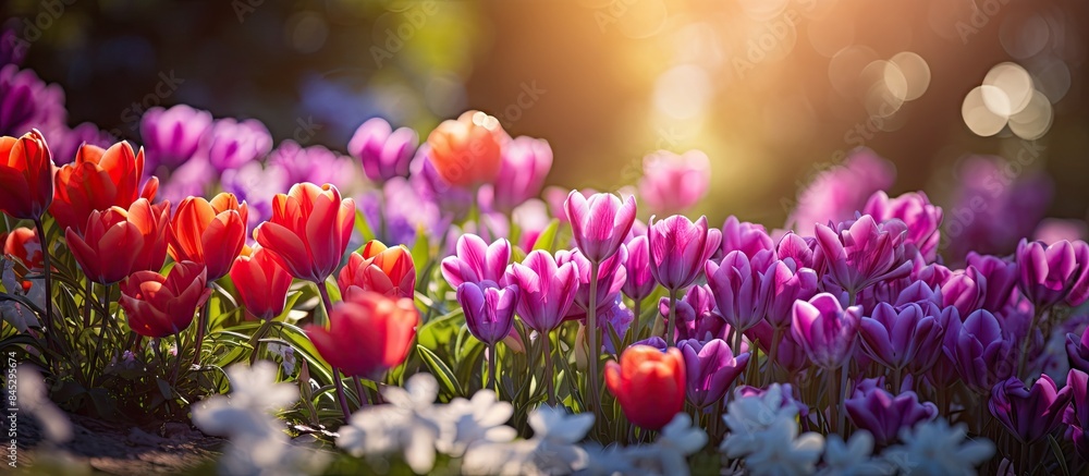 Poster A colorful display of purple red and pink flowers in a garden during sunny daylight creates a fresh and vibrant setting for a cheerful spring backdrop with a copy space image