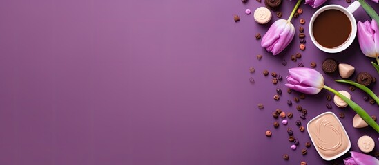 Spring themed arrangement of purple tulips coffee and sweets on a violet backdrop Presented from a top down perspective with a flat layout allowing for the inclusion of copy space in the image © HN Works