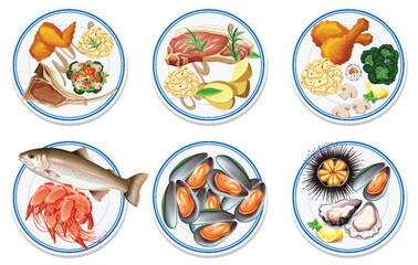 Illustration of various gourmet dishes on plates