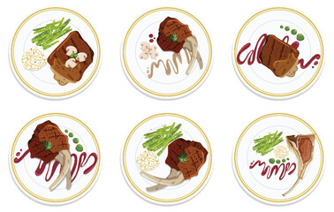 Elegant dishes with meat, vegetables, and sauces