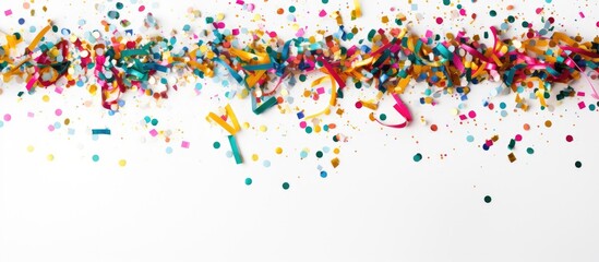 Fototapeta premium A vibrant and celebratory arrangement featuring a mix of colorful confetti Christmas decorations and streamers The items are neatly arranged on a white surface offering a flat lay composition with am
